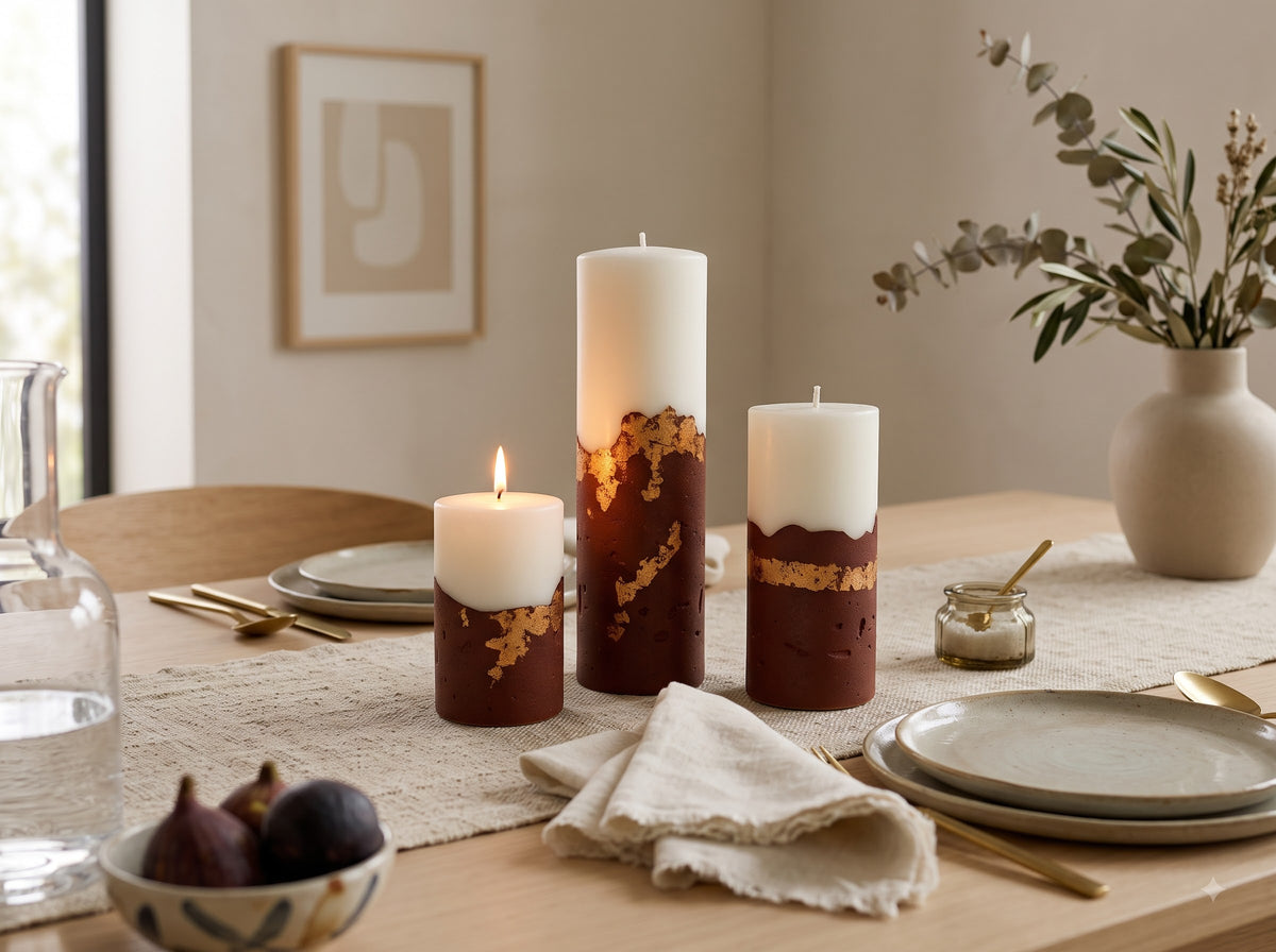 Keiiarra Pillar Cement Candle in Terracotta — pillar candle on a raw cement base with gold leaf